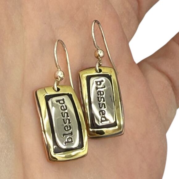 Far Fetched Blessed Dangle Earrings Rectangle Artisan Crafted Stamped Quote - Picture 5 of 6